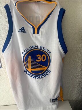 adidas White Blue and Gold Golden State Warriors Basketball Jersey